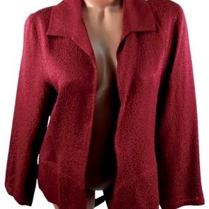 👠 Chicos Burgundy Abstract Lined Stretch Open Front Blazer Jacket. 2, L, 12/14
